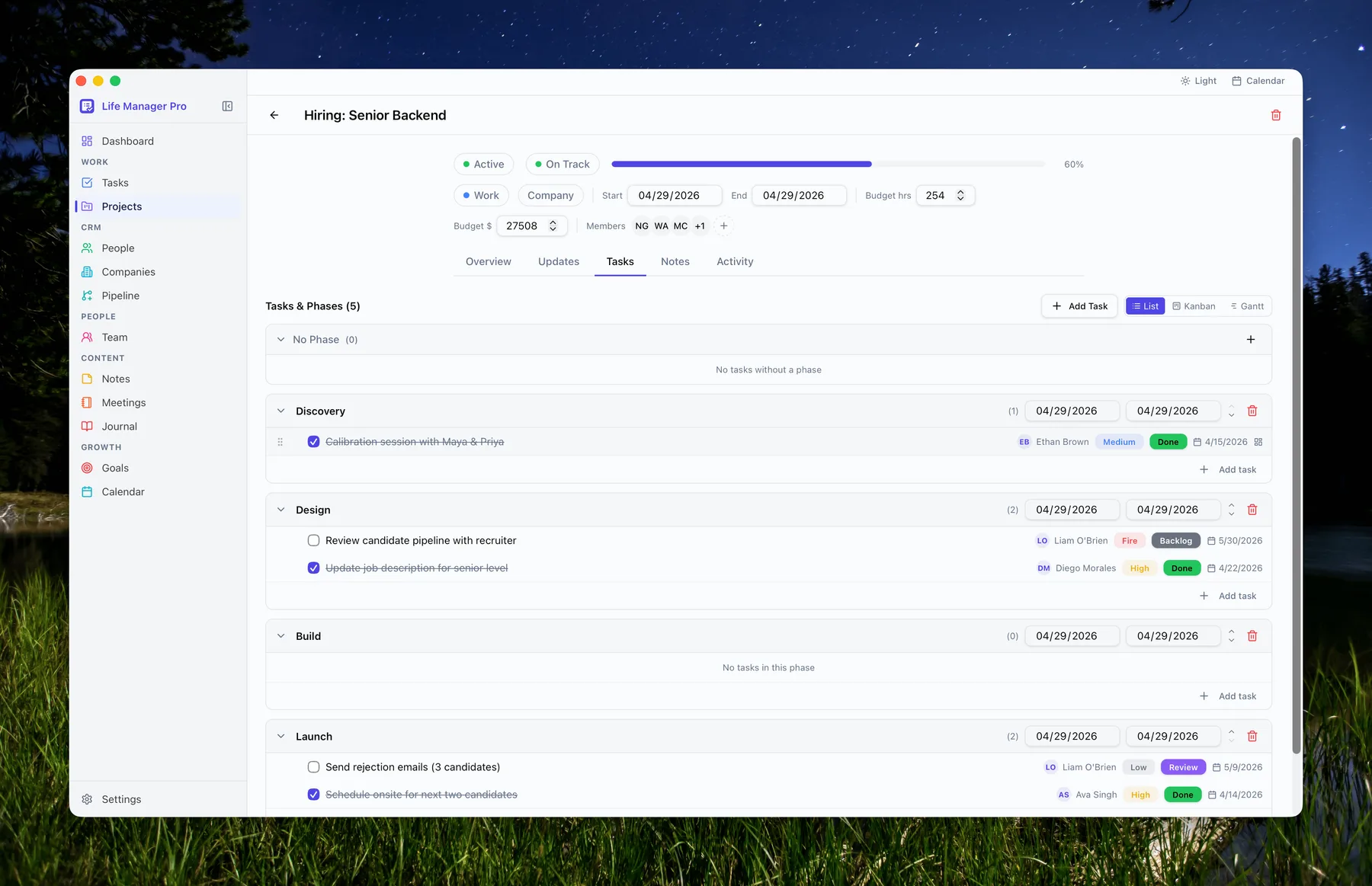 Projects Tasks Tab