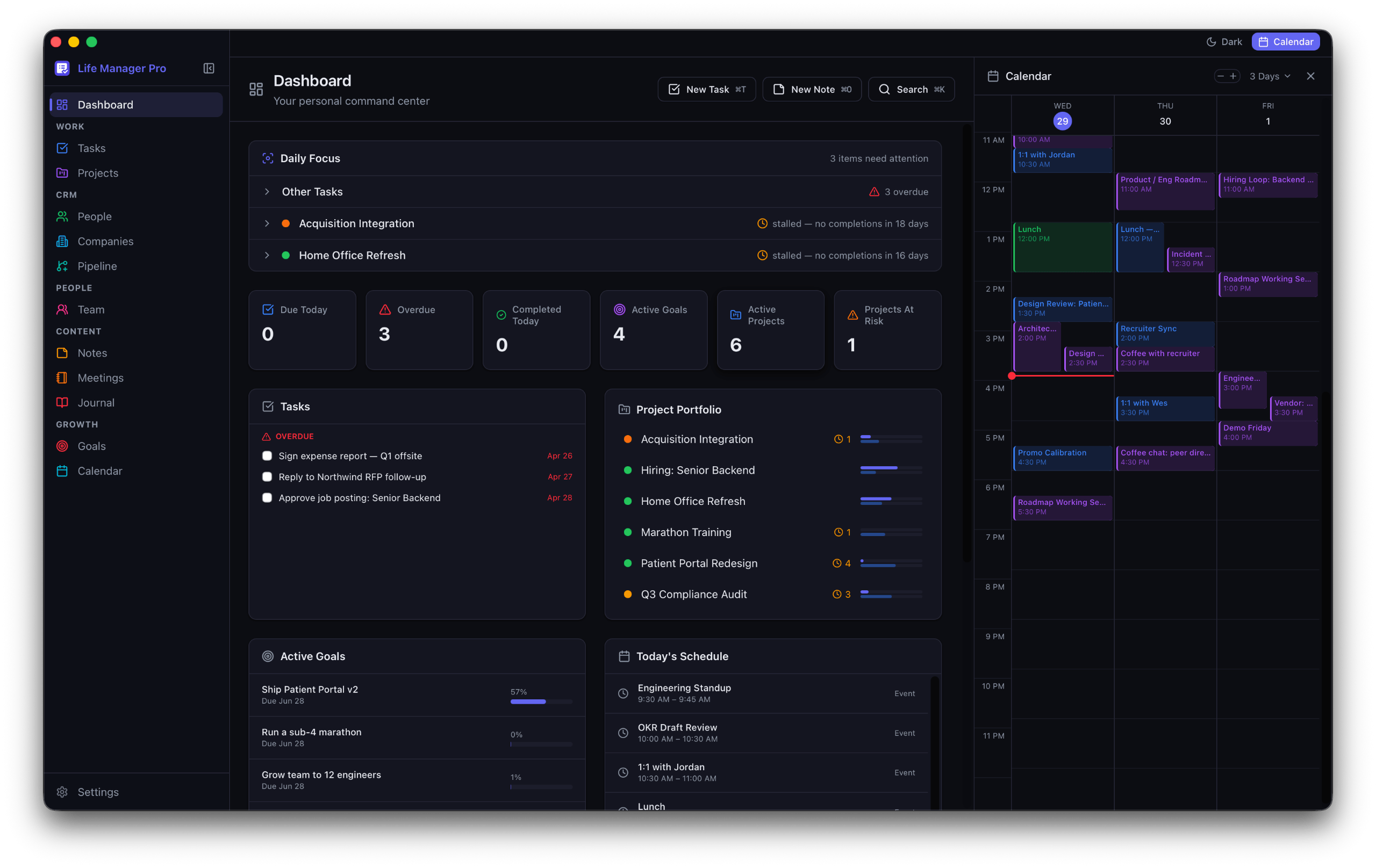 Life Manager Pro dashboard (dark)