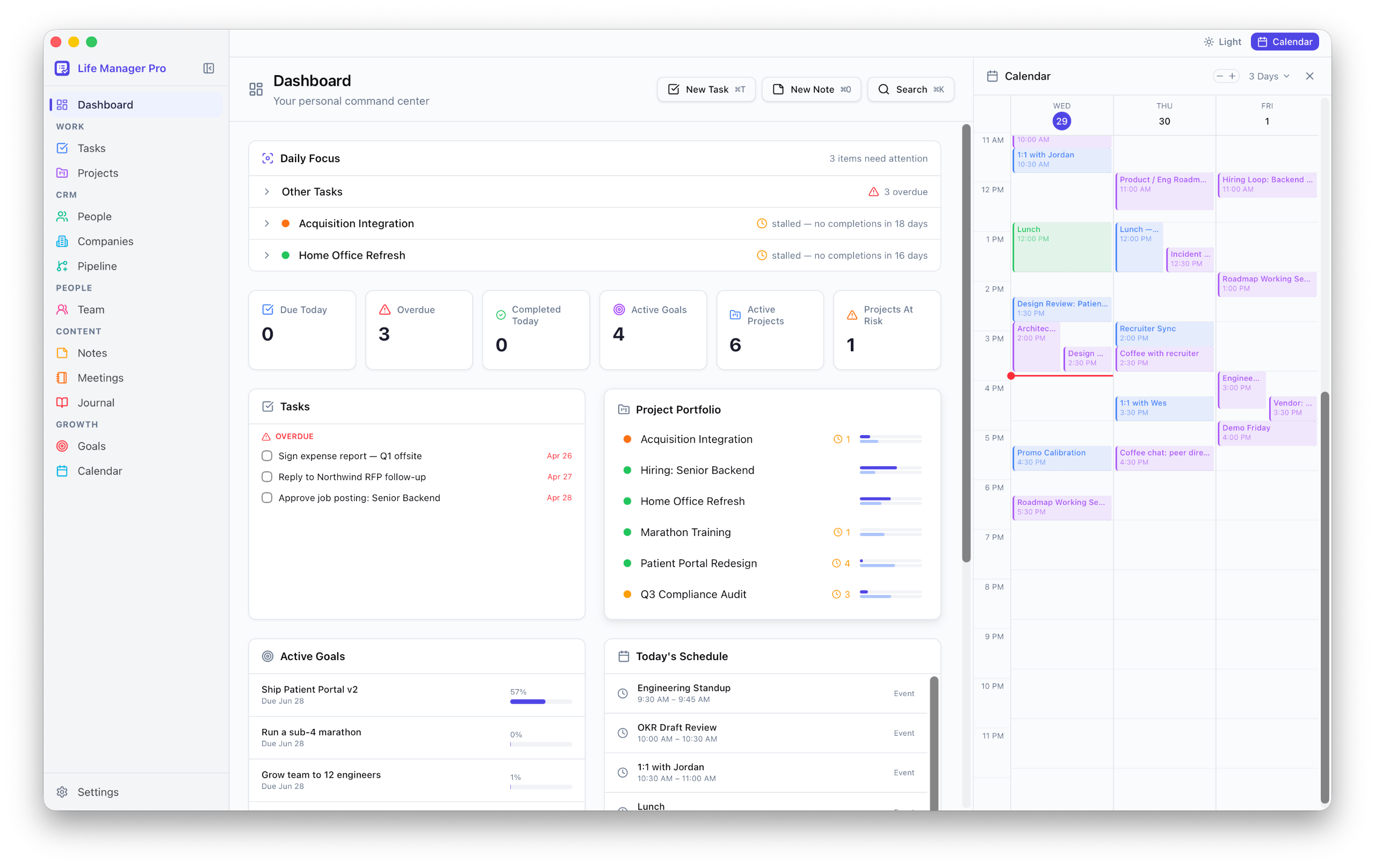 Life Manager Pro dashboard (light)