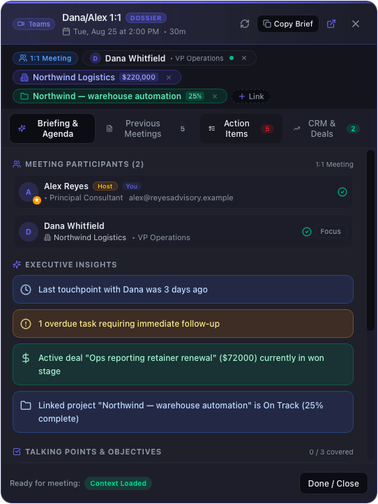 The pre-meeting dossier showing attendees with their company and role, an active deal, decisions from previous meetings, and ranked open action items — dark mode.